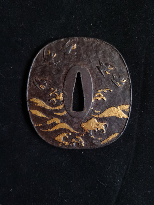 Japanese Wave and Birds Pattern Tsuba for Katana and Wakziashi Edo Period Antique A048