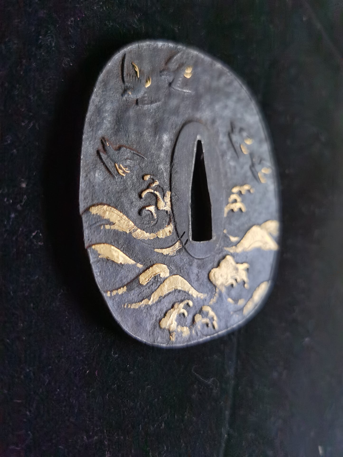 Japanese Wave and Birds Pattern Tsuba for Katana and Wakziashi Edo Period Antique A048