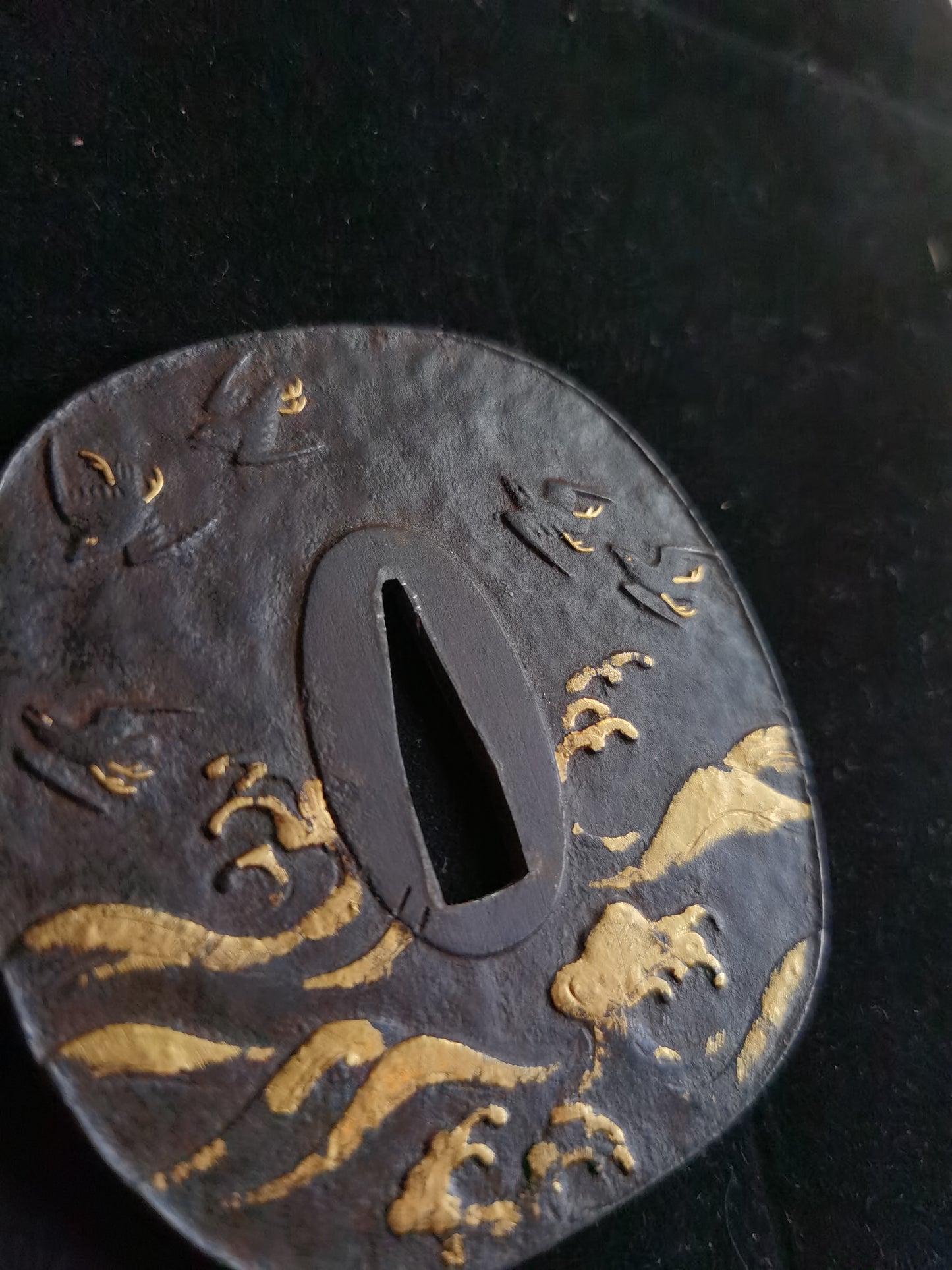 Japanese Wave and Birds Pattern Tsuba for Katana and Wakziashi Edo Period Antique A048