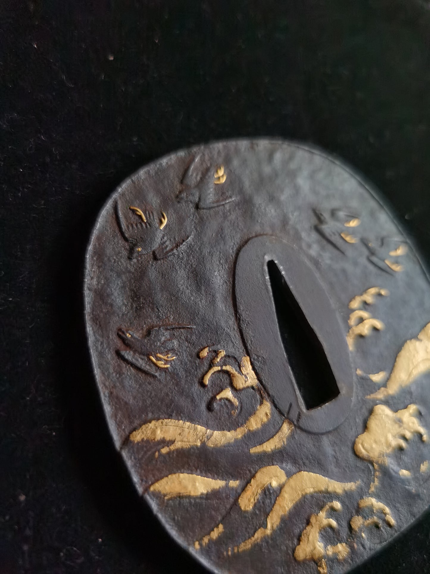 Japanese Wave and Birds Pattern Tsuba for Katana and Wakziashi Edo Period Antique A048