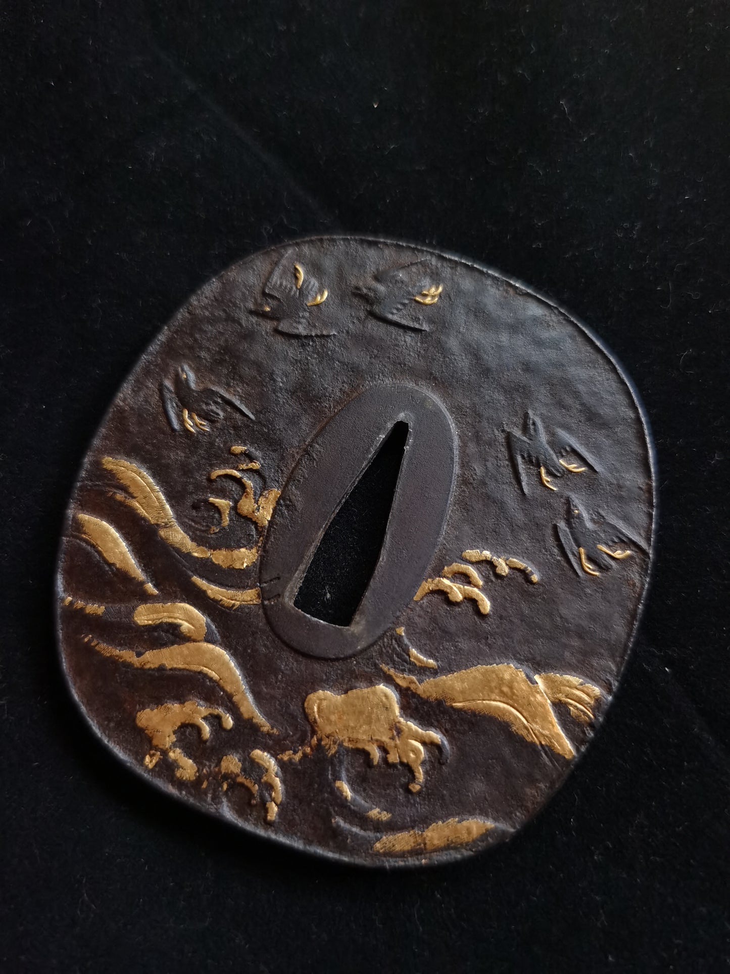 Japanese Wave and Birds Pattern Tsuba for Katana and Wakziashi Edo Period Antique A048