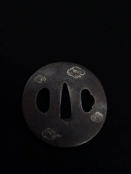 Japanese Silver Rain Dragon Tsuba for Wakziashi Tanto Edo Period Antique A049