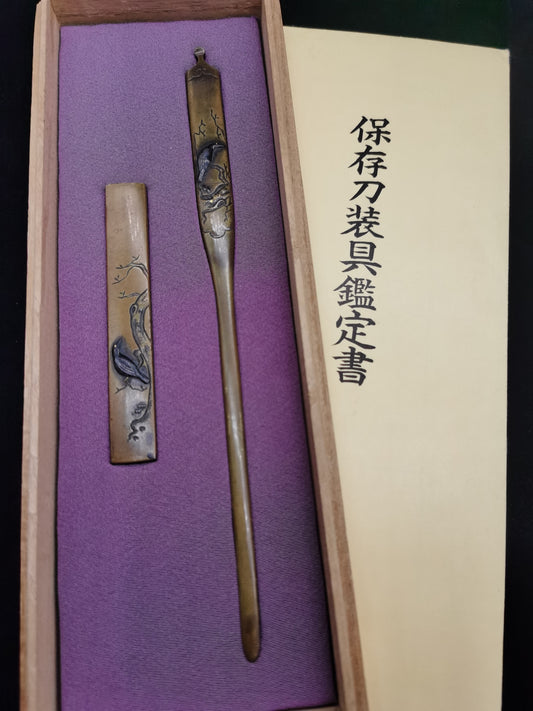 Japanese Little bird on the tree Kogia and  Kozuka for wakziashi and tanto Edo period antique D057