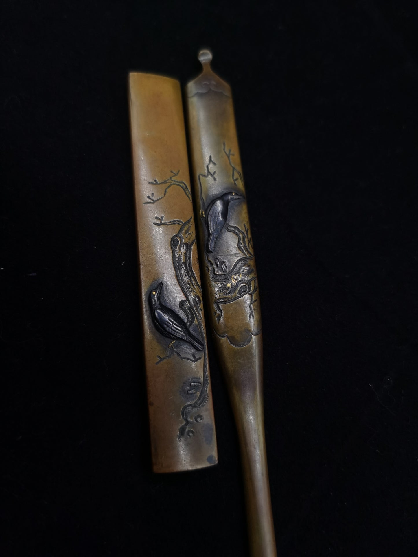 Japanese Little bird on the tree Kogia and  Kozuka for wakziashi and tanto Edo period antique D057