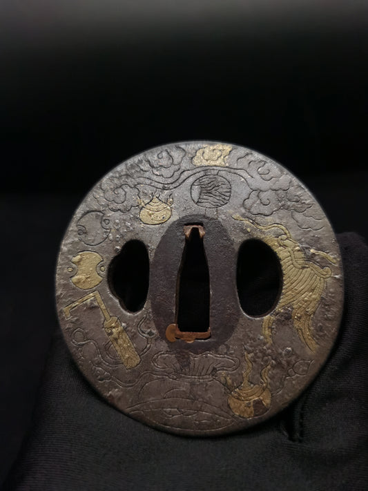 Japanese Type Cloud dragon Buddha treasures Pattern Tsuba for Katana and Wakziashi A056