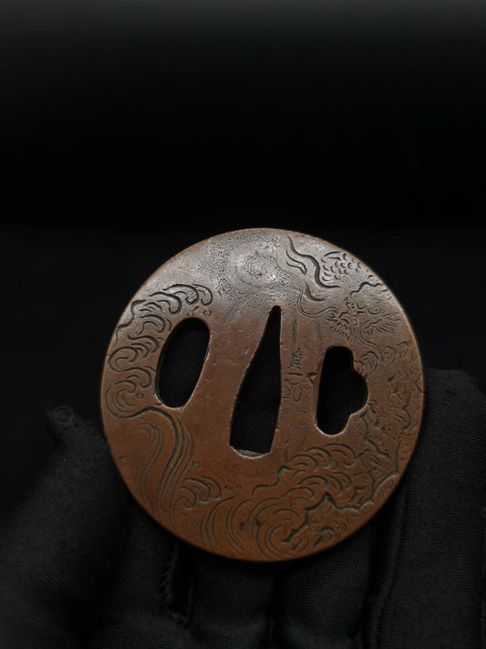 Japanese Type Wave Dragon Tsuba for Wakziashi Tanto Edo Period Antique A061