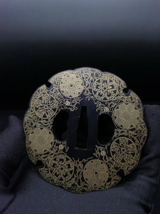 Japanese Line-engraved Floral & Grass Pattern Tsuba for Katana Tachi, X013