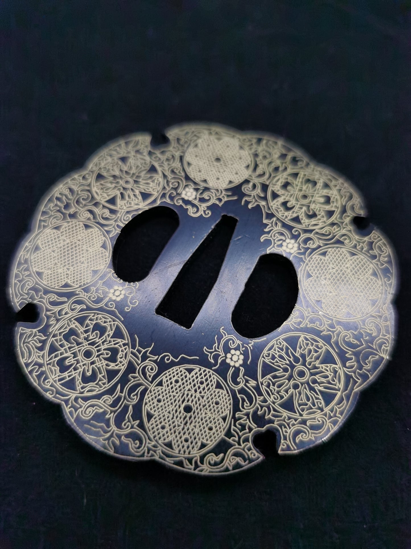 Japanese Line-engraved Floral & Grass Pattern Tsuba for Katana Tachi, X013