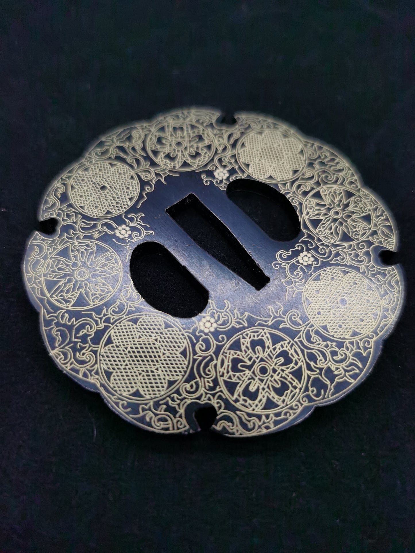 Japanese Line-engraved Floral & Grass Pattern Tsuba for Katana Tachi, X013