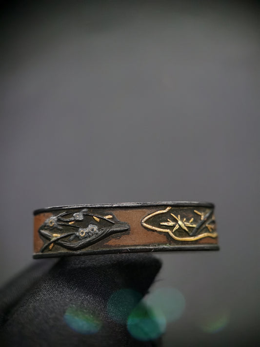 Japanese Plum Bamboo Brocade Window Pattern Single Fuchi for Katana Wakziashi Edo Period Antique F087
