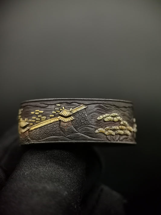 Japanese Castle Landscape Pattern Single Fuchi for Katana Wakziashi Edo Period Antique F096