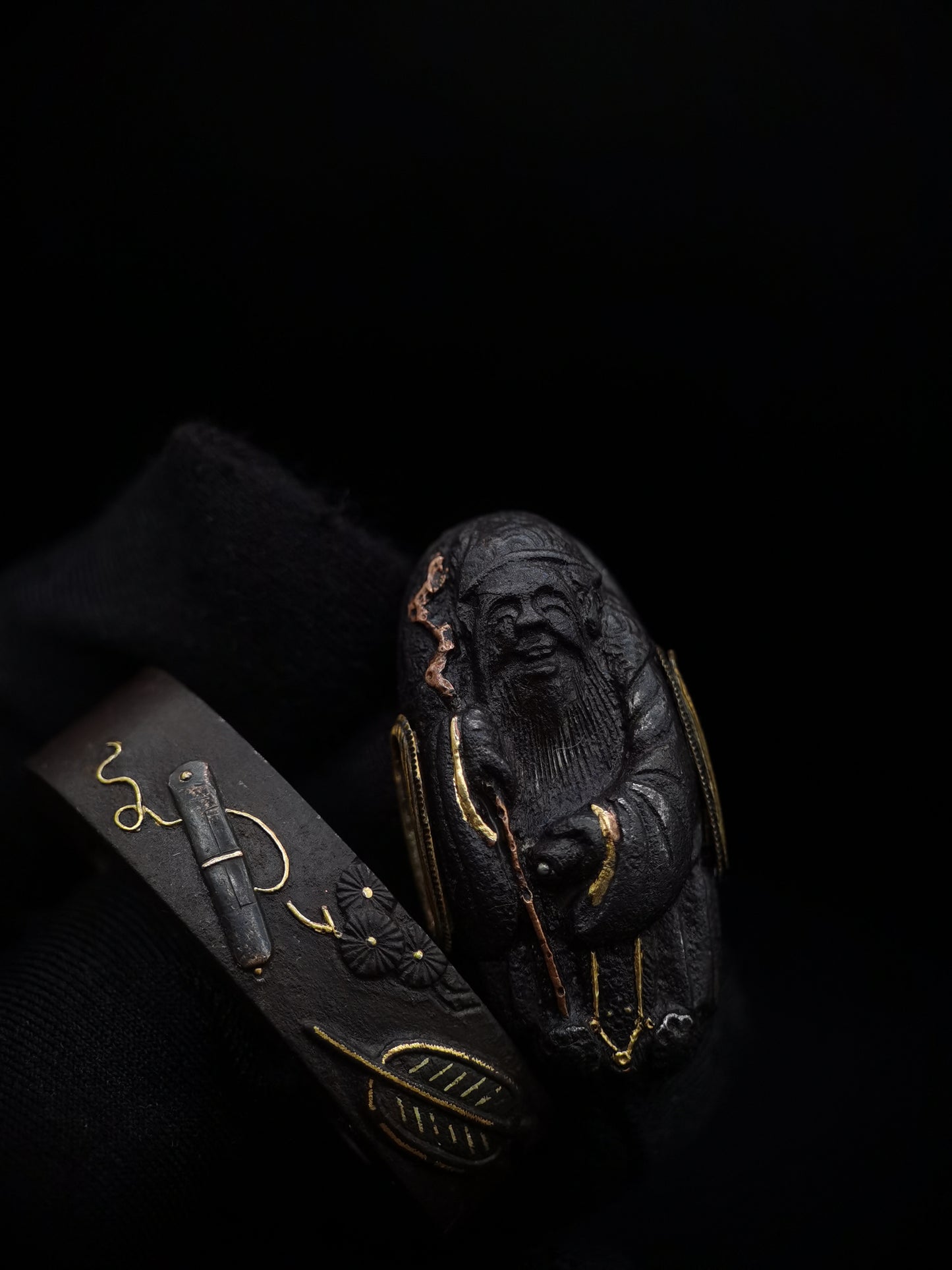 Japanese Longevity Pattern Fuchi & Kashira for Katana and Wakziashi Edo Period Antique B047