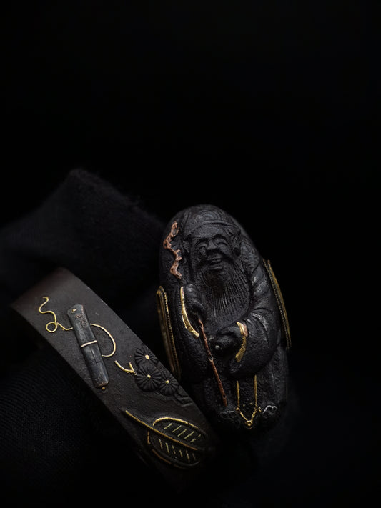 Japanese Longevity Pattern Fuchi & Kashira for Katana and Wakziashi Edo Period Antique B047