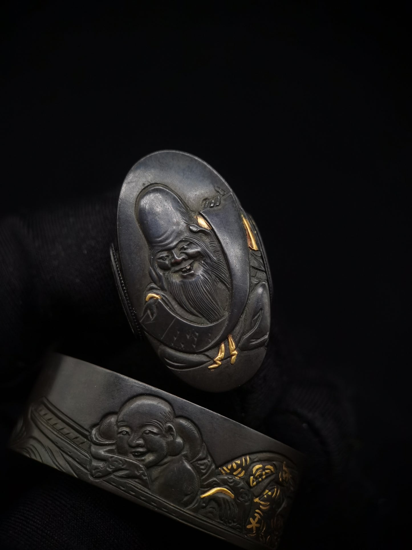 Japanese Longevity and bag monk Pattern Fuchi & Kashira for Katana Wakziashi Edo period antique B049