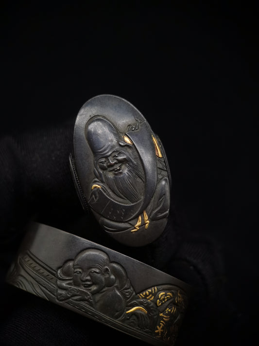 Japanese Longevity and bag monk Pattern Fuchi & Kashira for Katana Wakziashi Edo period antique B049