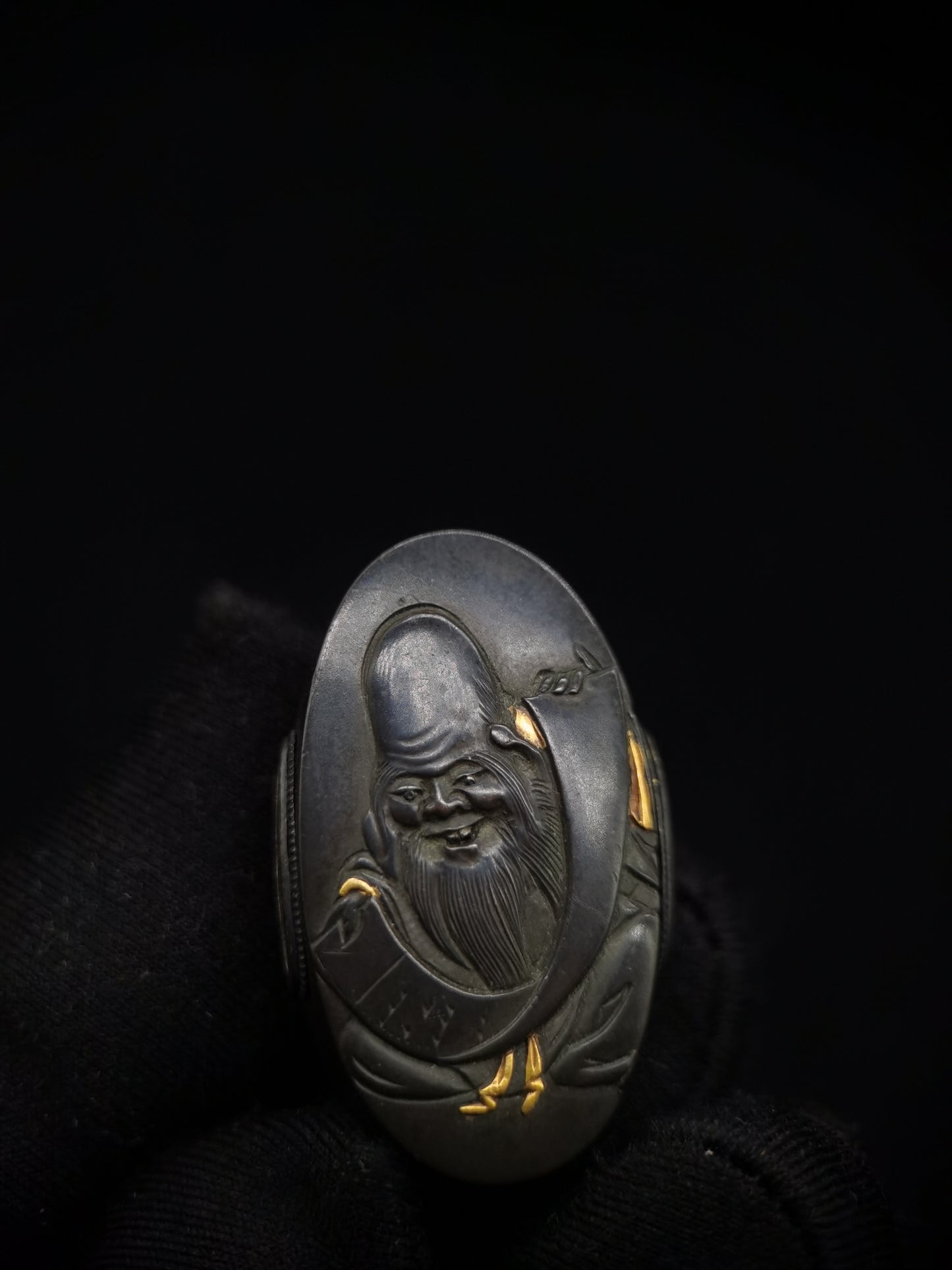 Japanese Longevity and bag monk Pattern Fuchi & Kashira for Katana Wakziashi Edo period antique B049