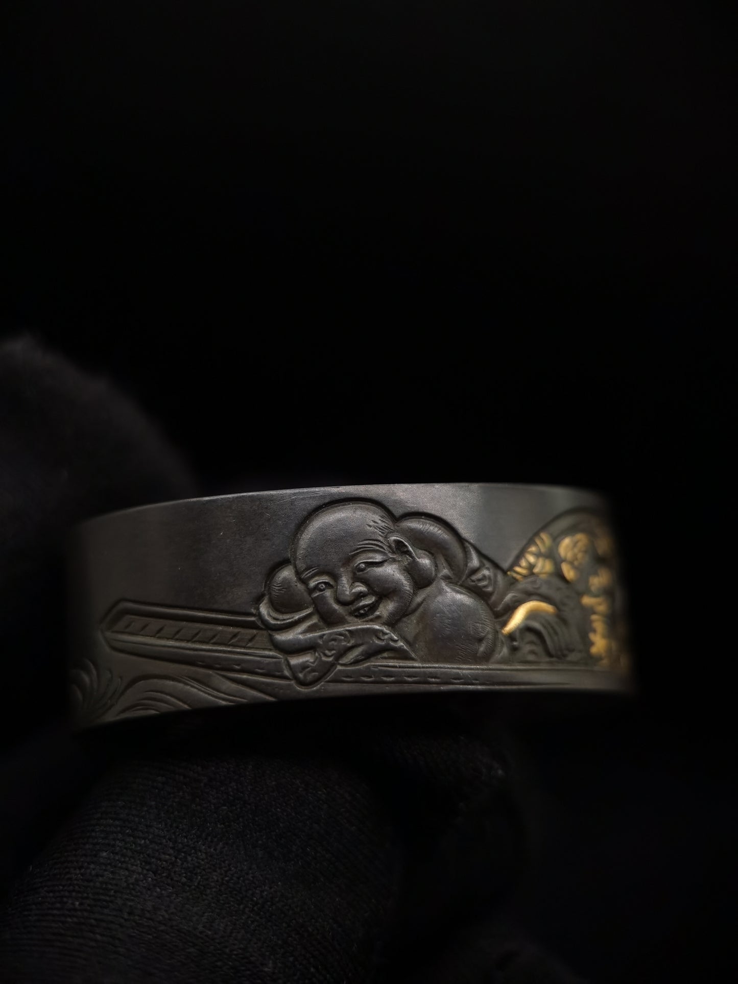 Japanese Longevity and bag monk Pattern Fuchi & Kashira for Katana Wakziashi Edo period antique B049