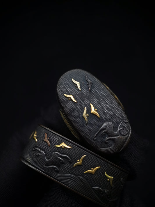 Japanese Wave FLying Birds Fuchi & Kashira for Katana and Wakziashi Edo Period Antique B064