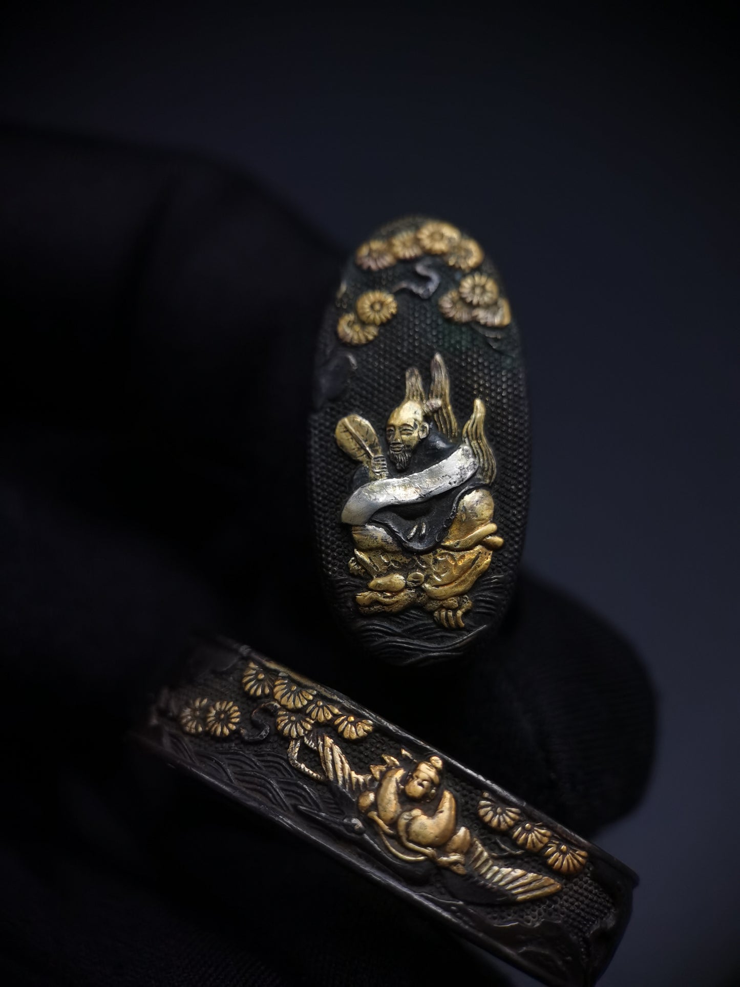Japanese Crane Turtle Immortal Fuchi & Kashira for Katana and Wakziashi Edo Period B075