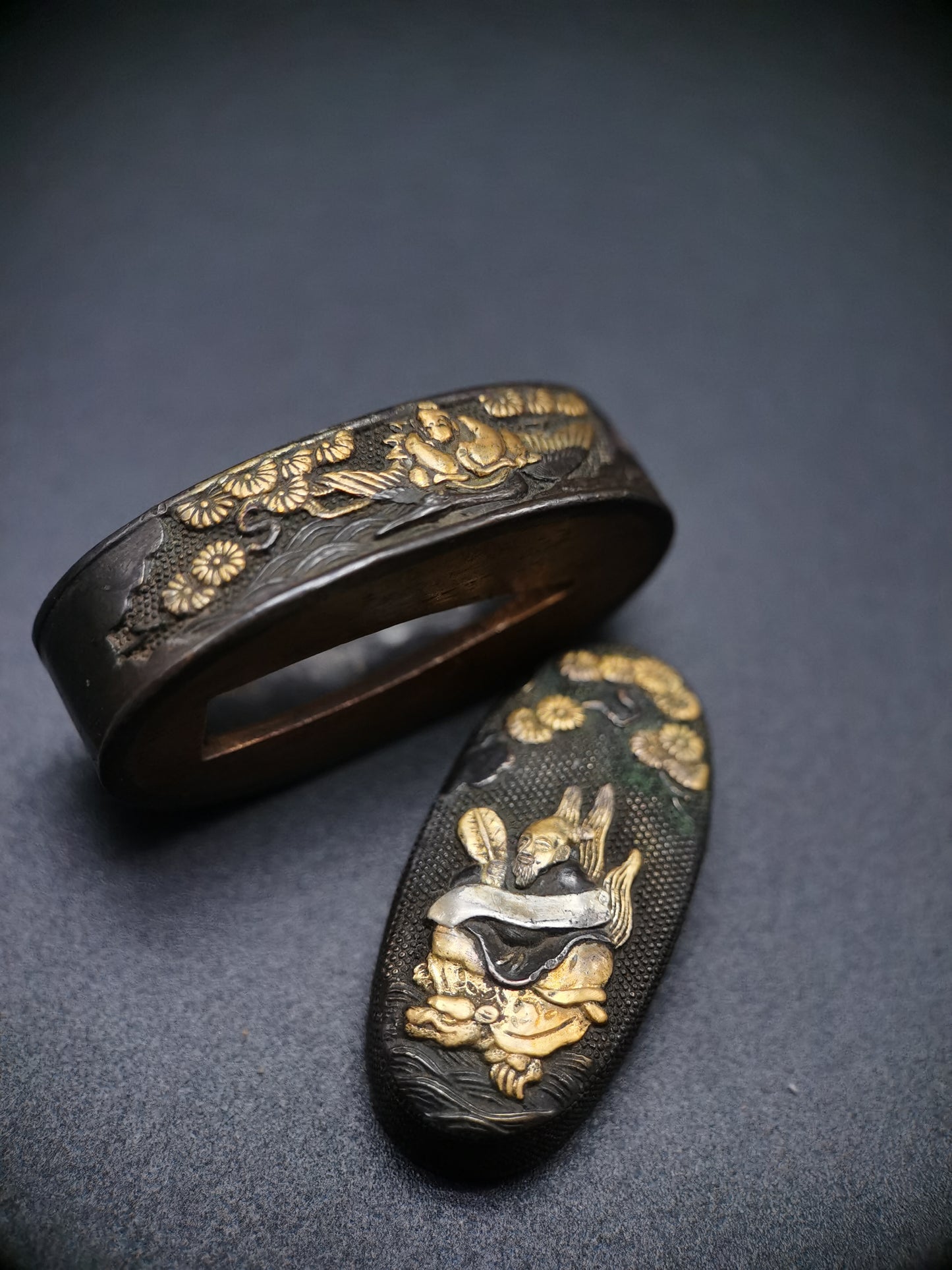 Japanese Crane Turtle Immortal Fuchi & Kashira for Katana and Wakziashi Edo Period B075