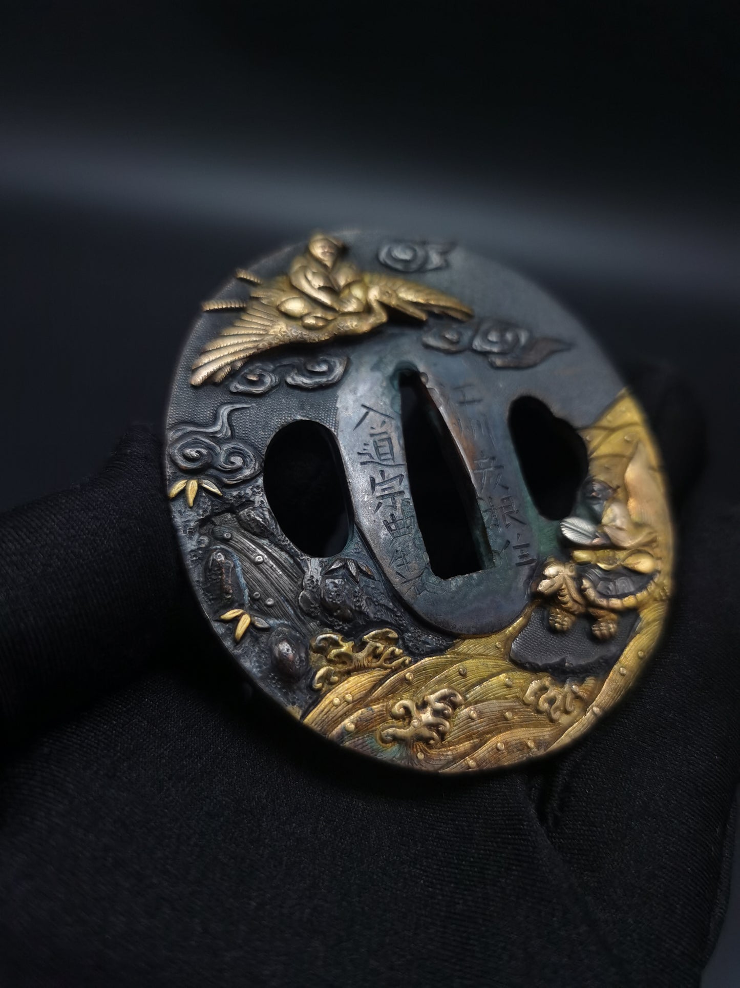 Japanese Turtle Immortal, Crane Immortal, Fish Immortal Tsuba for Wakzaishi Edo Period Antique A134