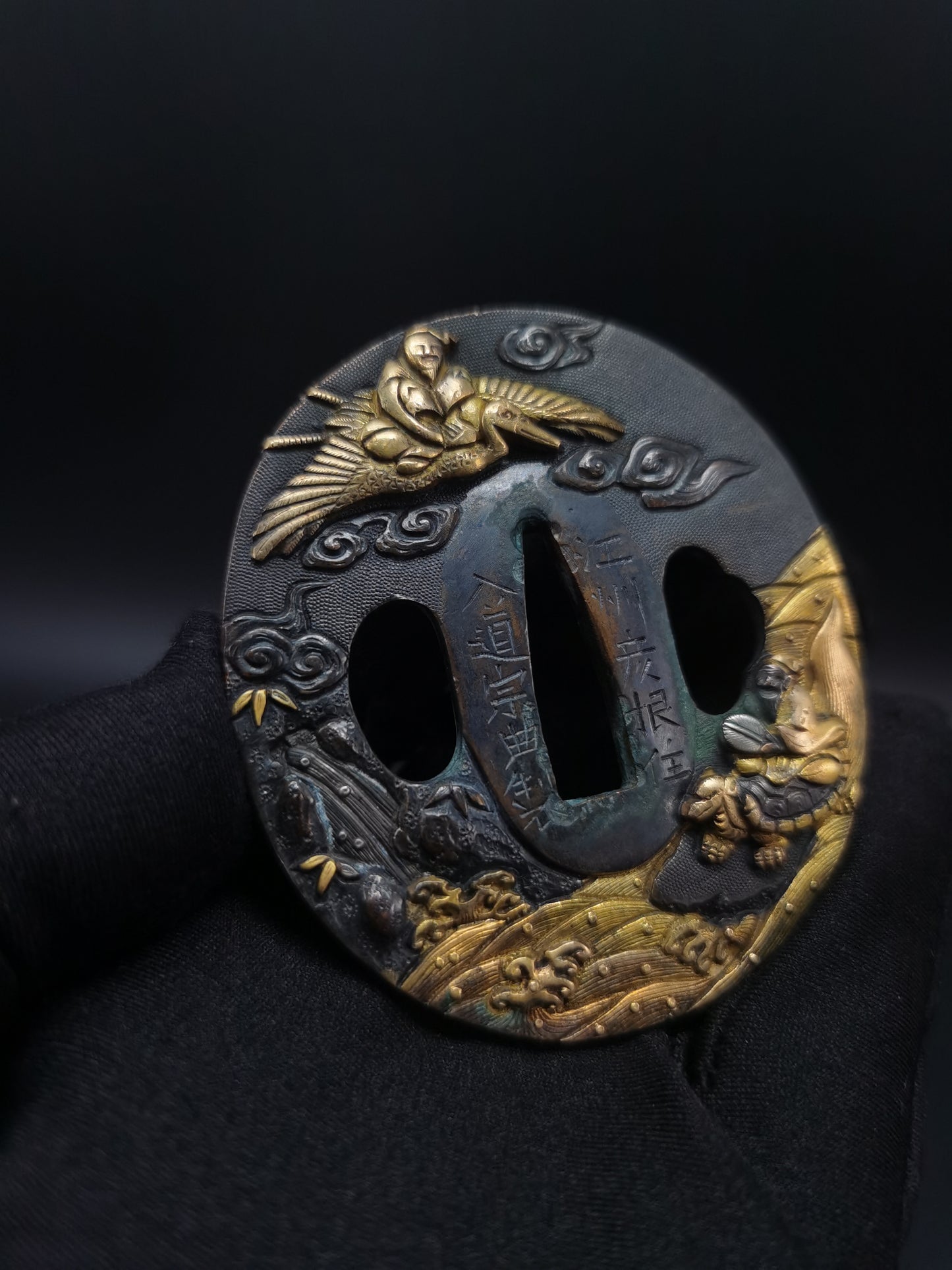 Japanese Turtle Immortal, Crane Immortal, Fish Immortal Tsuba for Wakzaishi Edo Period Antique A134