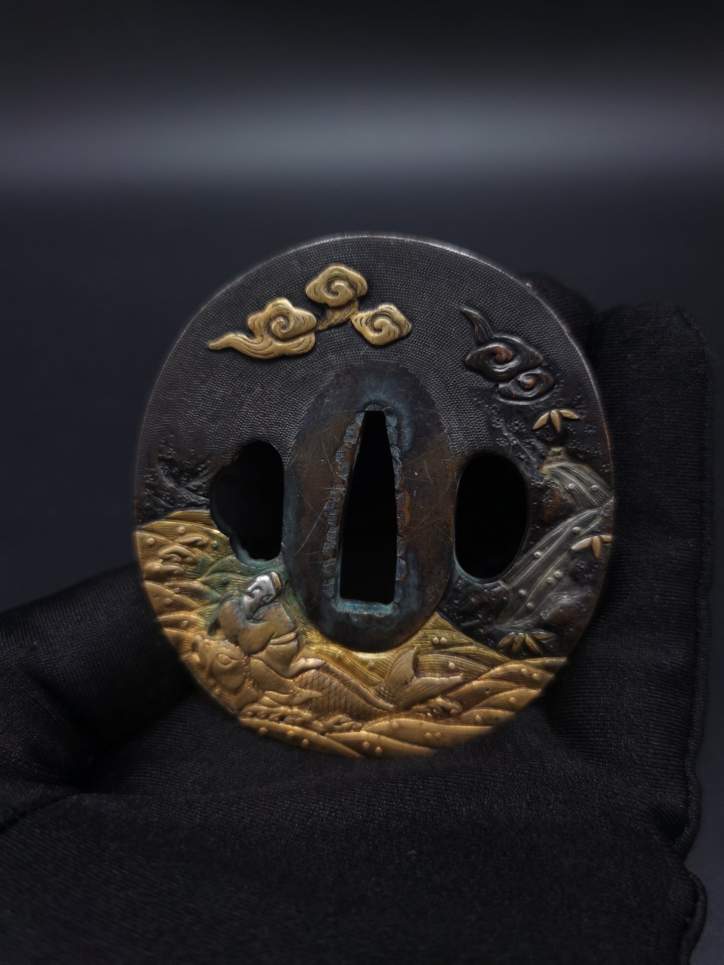 Japanese Turtle Immortal, Crane Immortal, Fish Immortal Tsuba for Wakzaishi Edo Period Antique A134