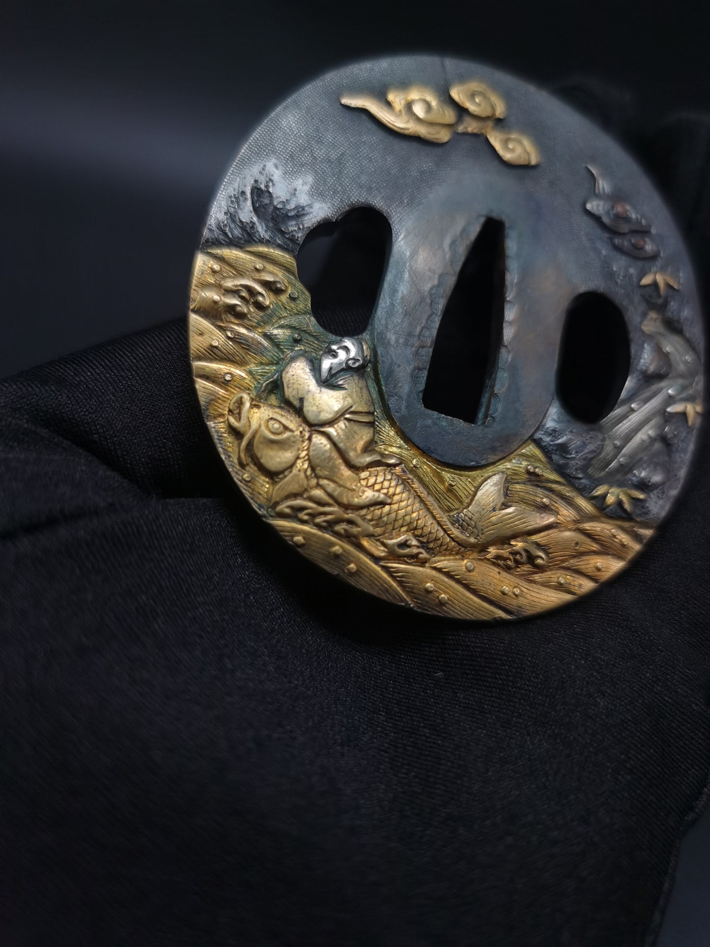 Japanese Turtle Immortal, Crane Immortal, Fish Immortal Tsuba for Wakzaishi Edo Period Antique A134