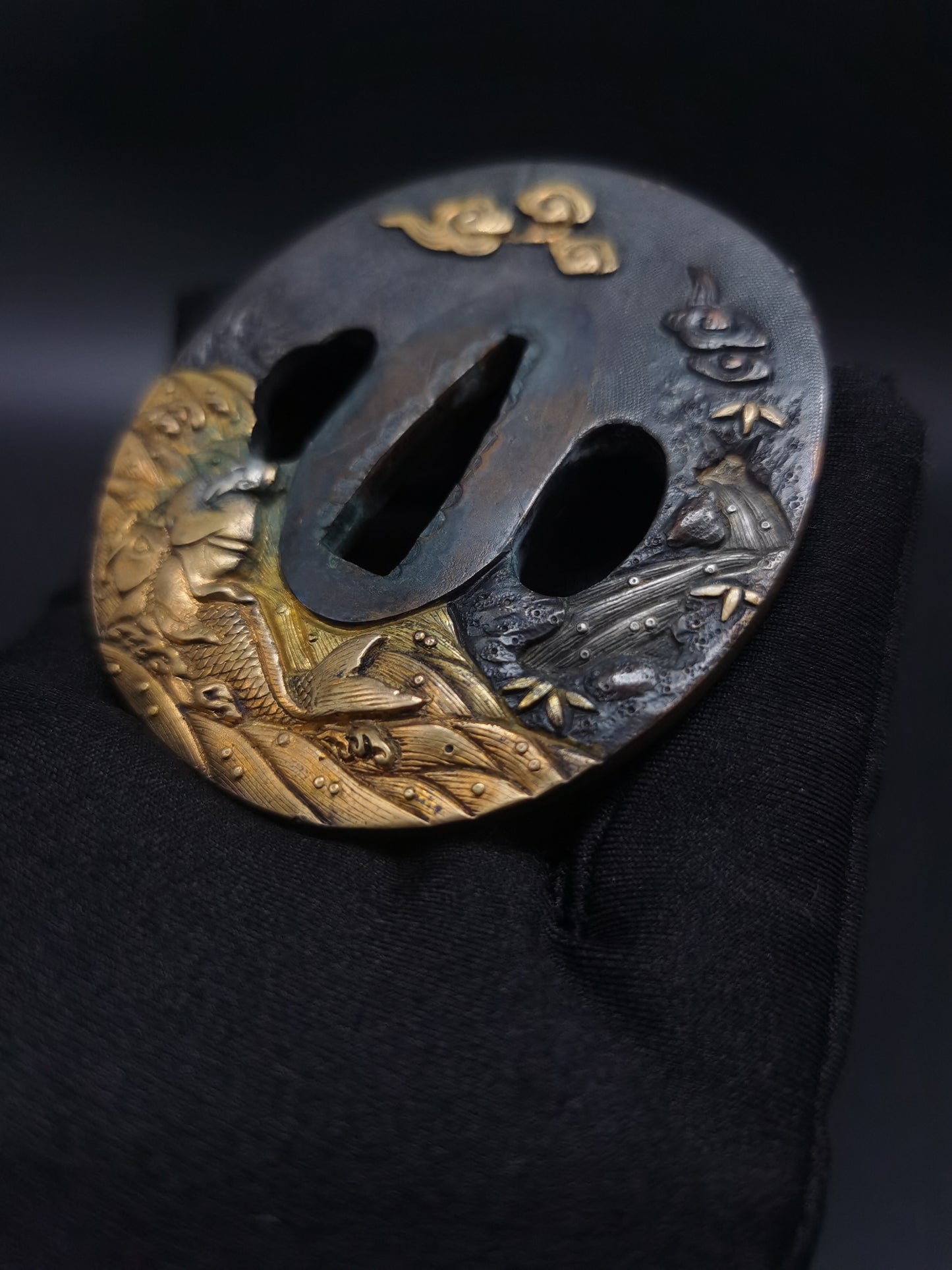 Japanese Turtle Immortal, Crane Immortal, Fish Immortal Tsuba for Wakzaishi Edo Period Antique A134