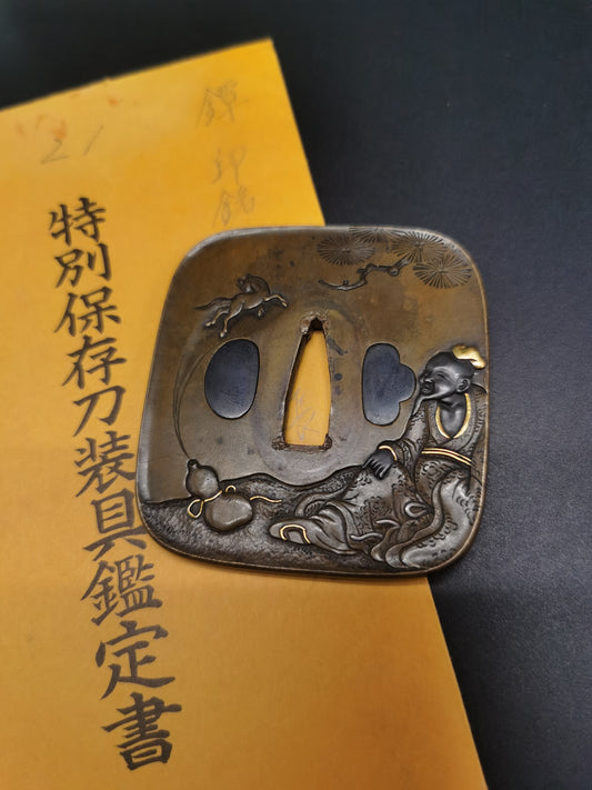 Japanese Immortal Zhang GuolaoPattern Tsuba for Katana and Wakzaishi Edo Period Antique A135