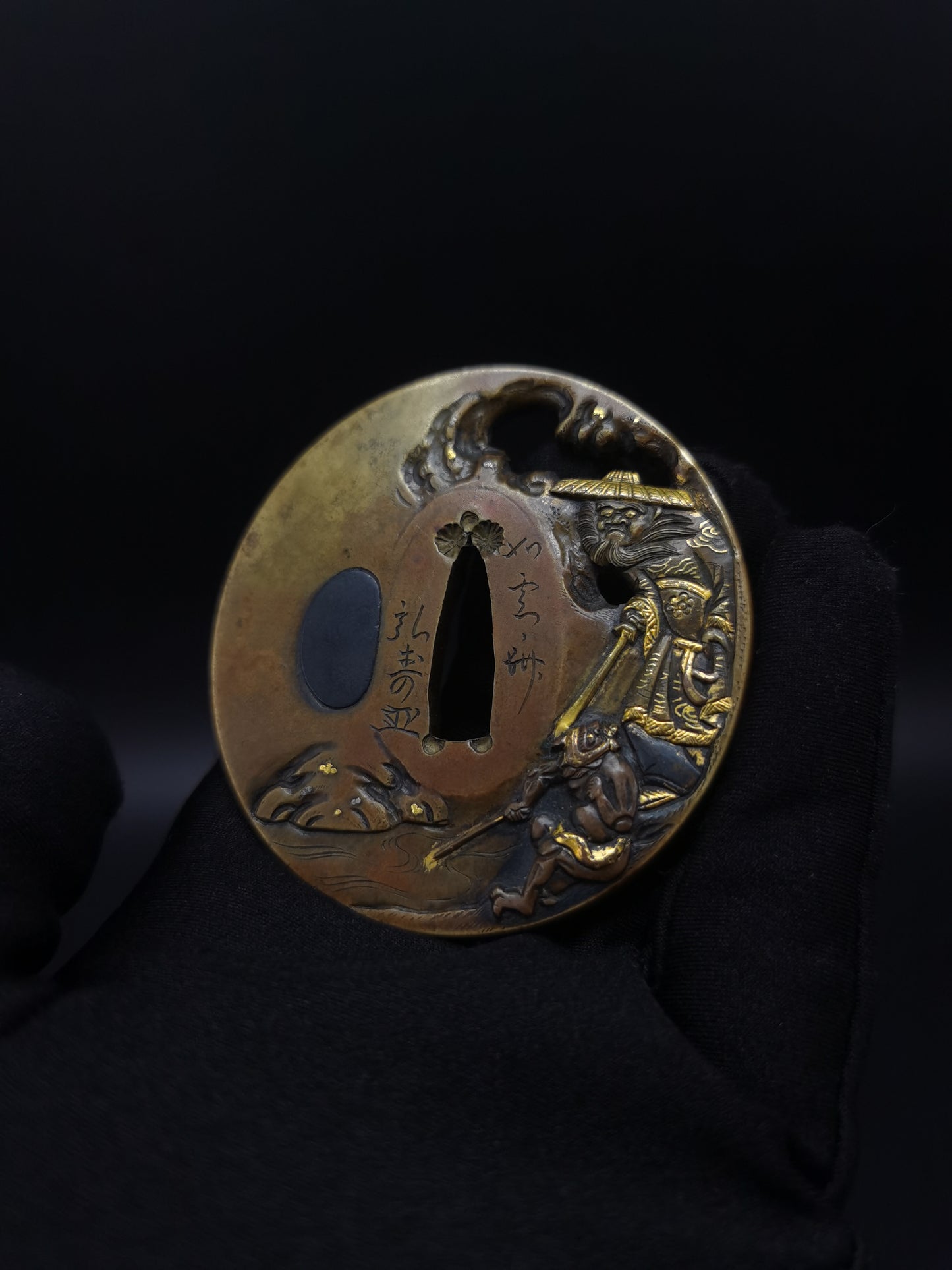 Japanese Immortal Zhong Kui and Little Ghost Tsuba for Wakzaishi Edo Period Antique A136