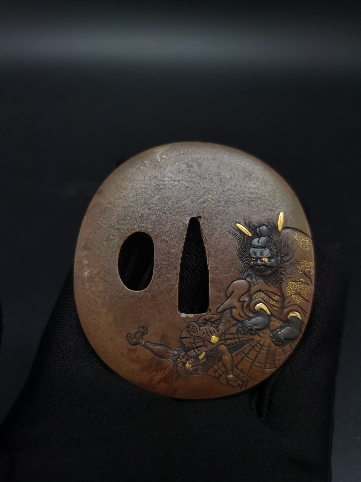 Japanese Immortal Zhong Kui and Little Ghost Pattern Tsuba for Wakzaishi Edo Period Antique A137