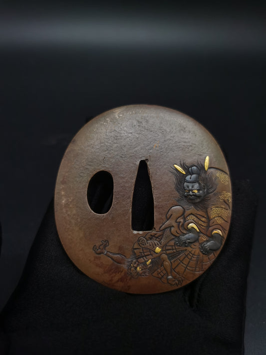 Japanese Immortal Zhong Kui and Little Ghost Pattern Tsuba for Wakzaishi Edo Period Antique A137