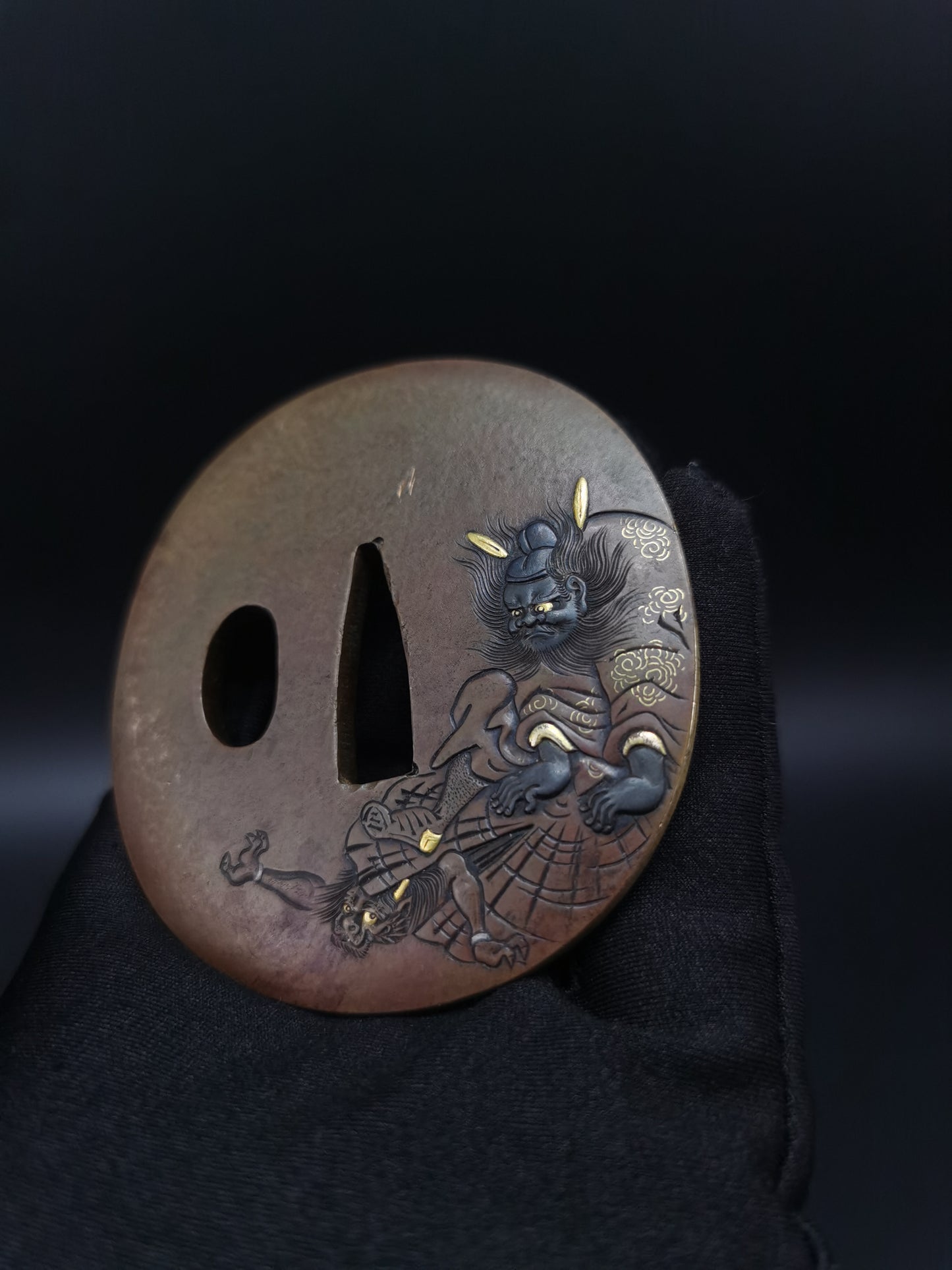 Japanese Immortal Zhong Kui and Little Ghost Pattern Tsuba for Wakzaishi Edo Period Antique A137