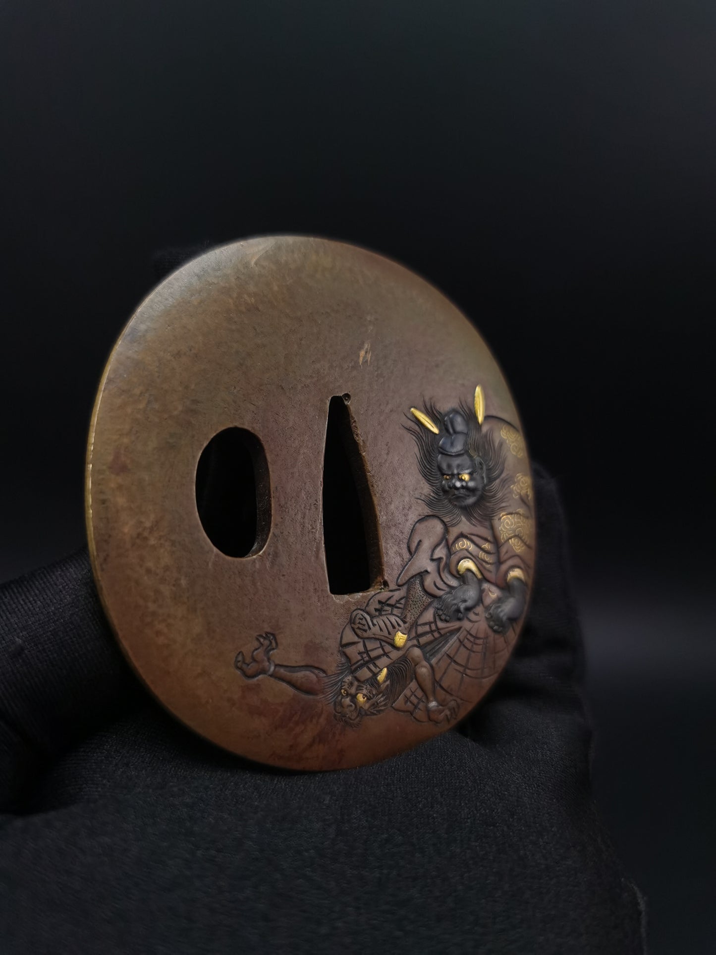 Japanese Immortal Zhong Kui and Little Ghost Pattern Tsuba for Wakzaishi Edo Period Antique A137