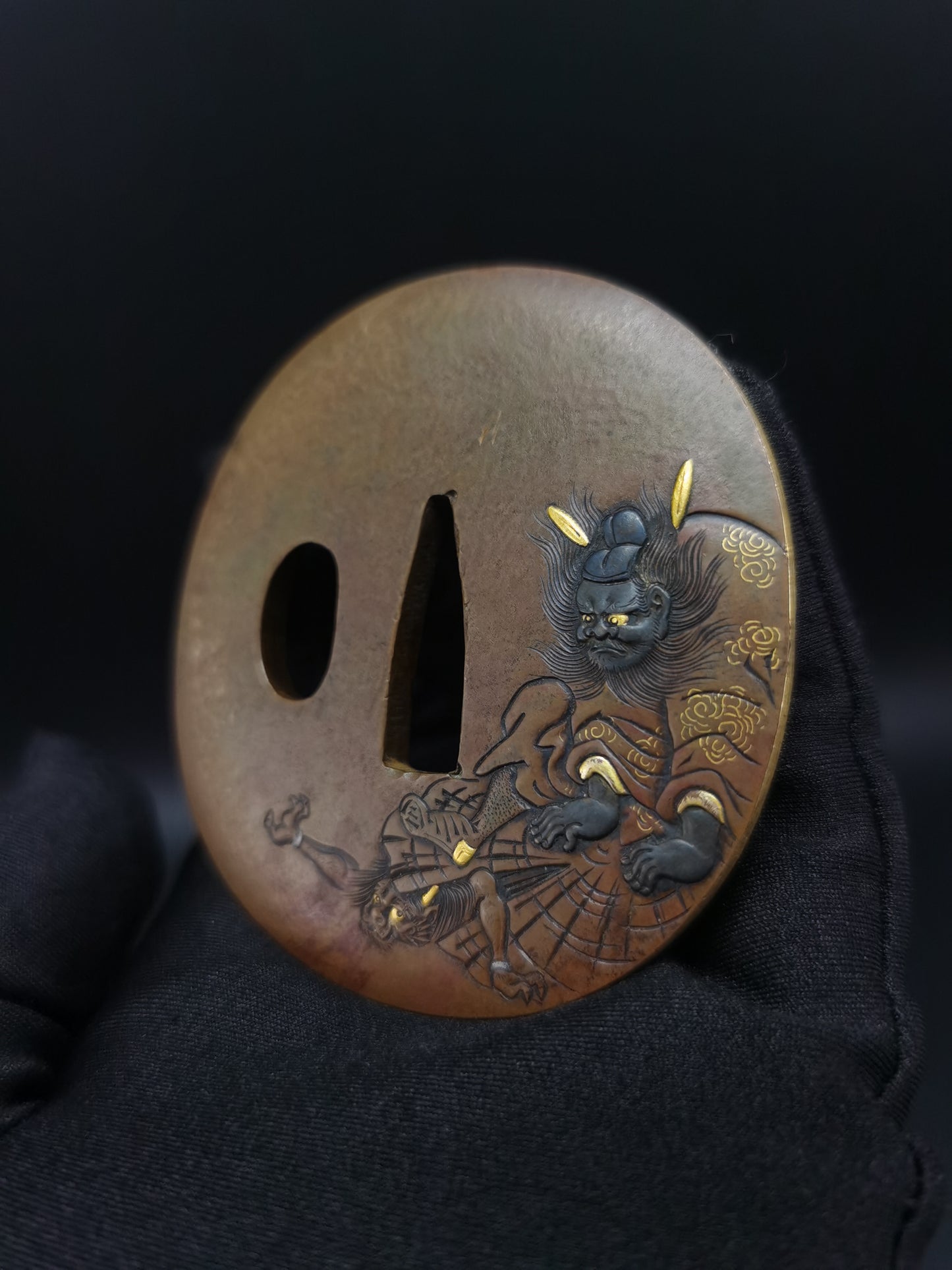 Japanese Immortal Zhong Kui and Little Ghost Pattern Tsuba for Wakzaishi Edo Period Antique A137