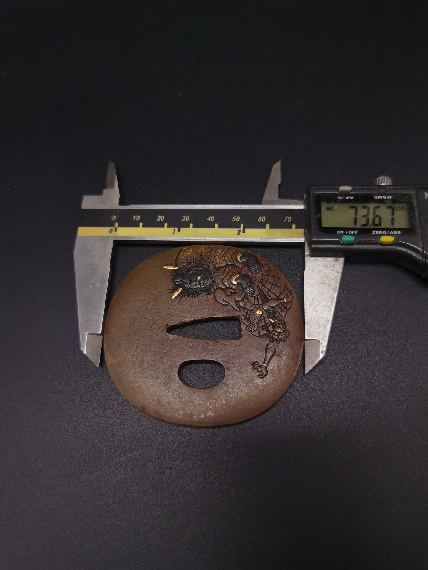 Japanese Immortal Zhong Kui and Little Ghost Pattern Tsuba for Wakzaishi Edo Period Antique A137