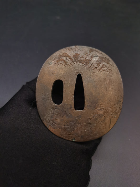 Japanese Landscape Tsuba for Katana and Wakziashi Edo Period Antique A217