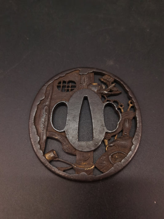 Japanese Tea House Pattern Tsuba for Wakziashi Edo Period  Antique A218
