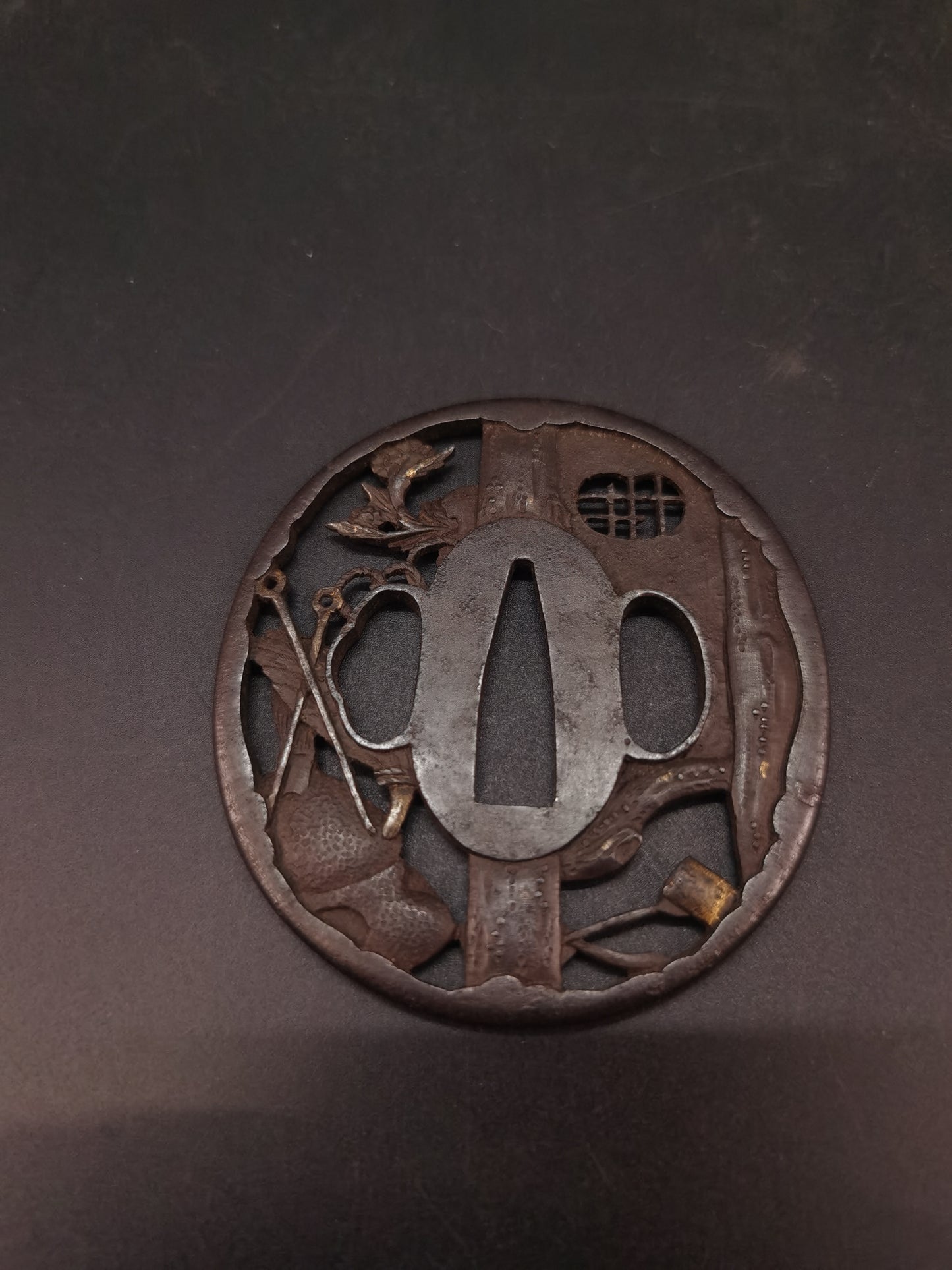 Japanese Tea House Pattern Tsuba for Wakziashi Edo Period  Antique A218