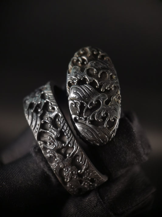 Japanese Type Waves Pattern Fuchi & Kashira for Katana and Wakziashi,Y167