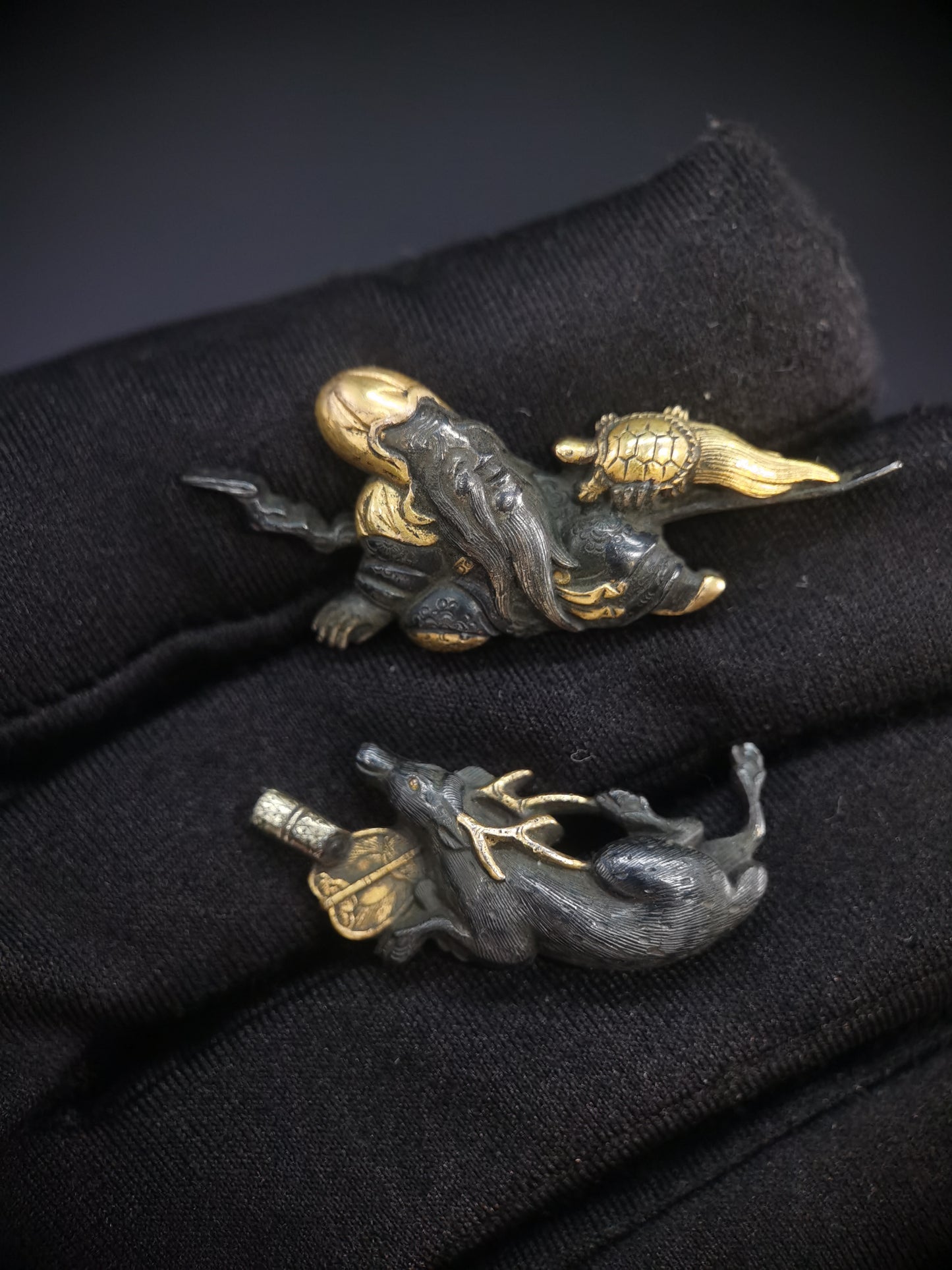 Japanese Longevity God Jurojin & Deer Menuki for Katana and Wakziashi Edo Period Antique C076