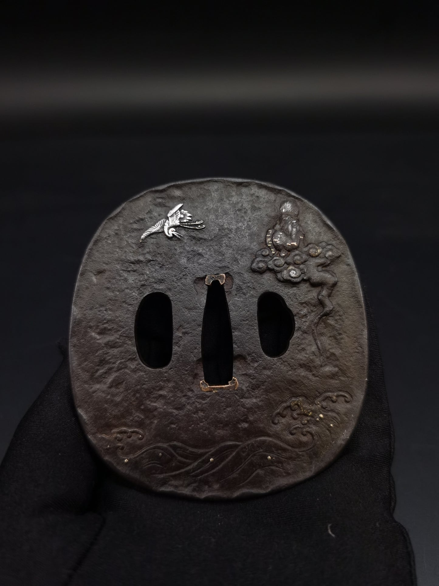 Japanese Longevous god crane Tsuba for Katana and Wakziashi Edo Period Antique A227