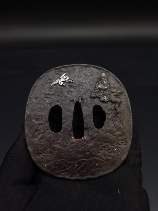 Japanese Longevous god crane Tsuba for Katana and Wakziashi Edo Period Antique A227