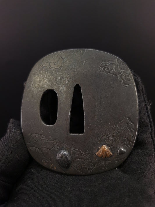 Japanese Wave and Shells Pattern Tsuba for Wakzaishi Edo Period Antique A193