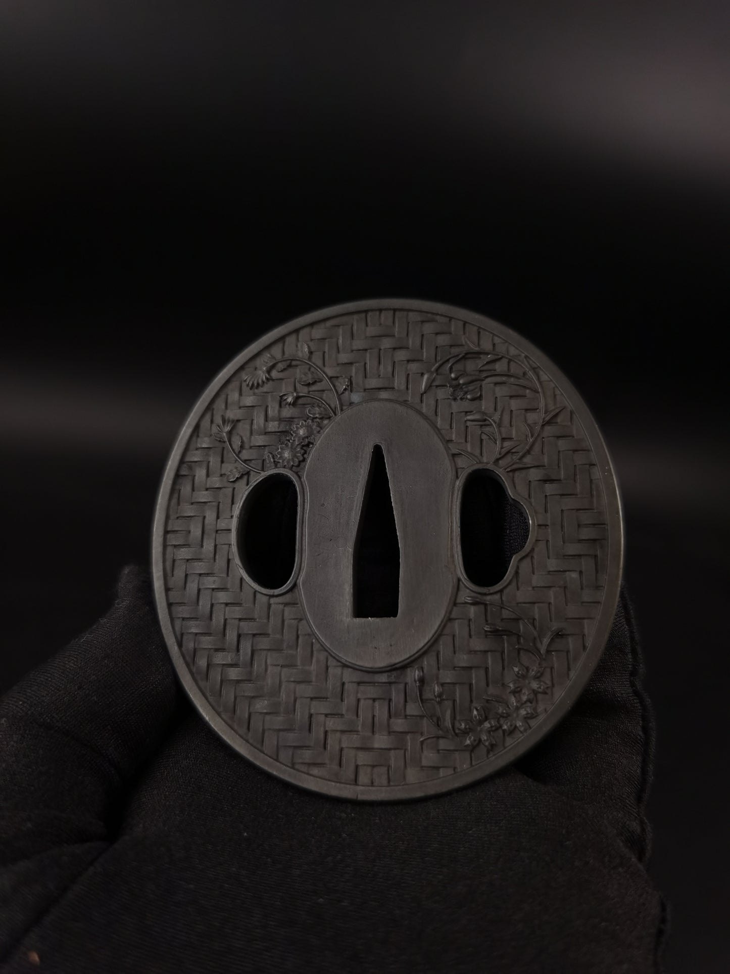 Japanese Matting Pattern with Floral & Grass Tsuba for Katana Wakziashi, X004