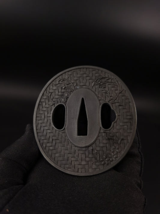 Japanese Matting Pattern with Floral & Grass Tsuba for Katana Wakziashi, X004
