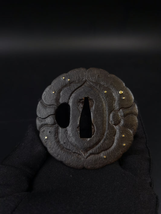 Japanese Peony Pattern Tsuba for Wakziashie Edo Period Antique A246