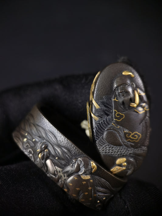 Japanese Immortal Crane and Immortal Turtle Fuchi Kashira for Katana and Wakziashi Edo Period Antique B112