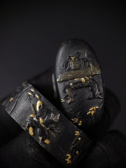 Japanese Yoshitsune and Benkei Fuchi & Kashira for Katana Wakziashi Edo Period Antique B127